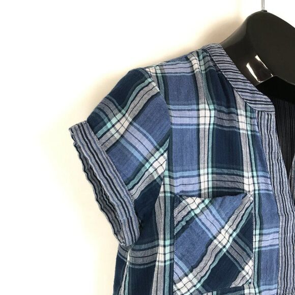 Vince Camuto Cotton Mixed-Print Henley Top Women's Small Split V-Neck Pockets - Picture 4 of 10